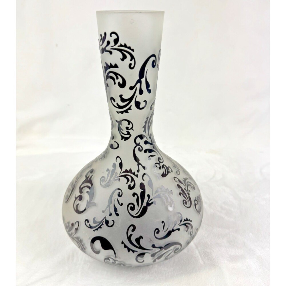 Beautiful Glass Vase With Raised Black Design Over Frosted Glass 12" Tall